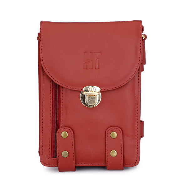 HAUTTON Unisex Genuine Leather Multi Purpose Cum Travel Bag with Adjustable Strap | 15 x 20 Inches - Red