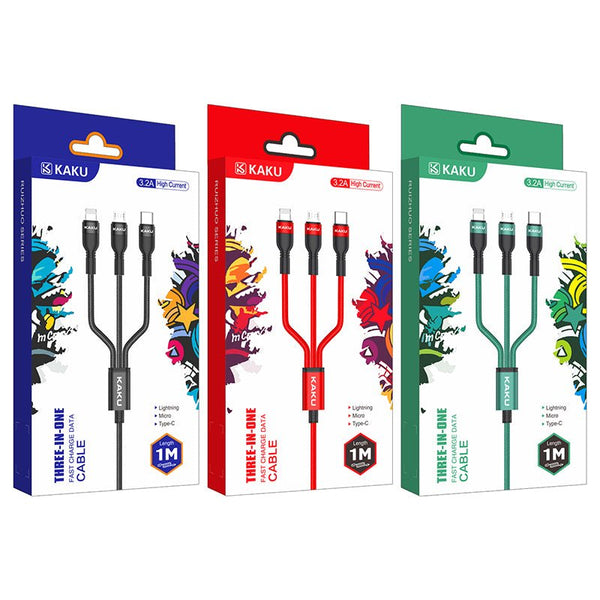 STIYA KAKU KSC 436 RUIZHUO Unbreakable 3 in 1 Fast Charging Braided Multipurpose Cable with 3.2 A HIGH CURRENT Speed – 1 meter - PRAKONLINESTORES